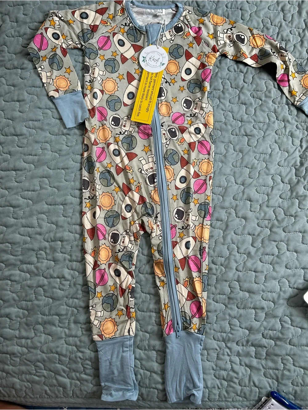 Kids Space Rocket Zip Pajamas - Gray with Multicolor Prints